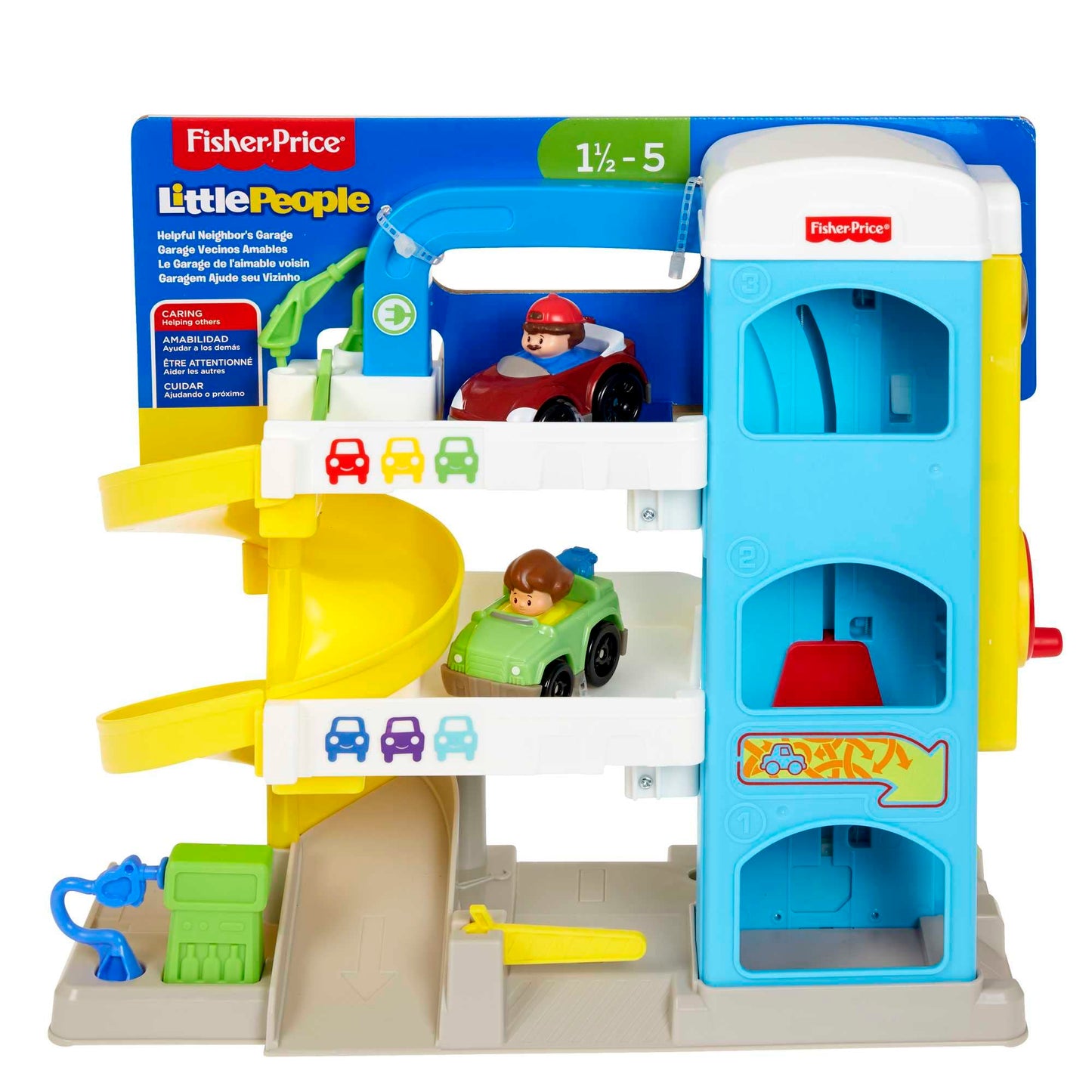 Fisher-Price Little People Toddler Toy Helpful Neighbor’s Garage Playset with Spiral Ramp & 2 Cars for Pretend Play Ages 18+ Months