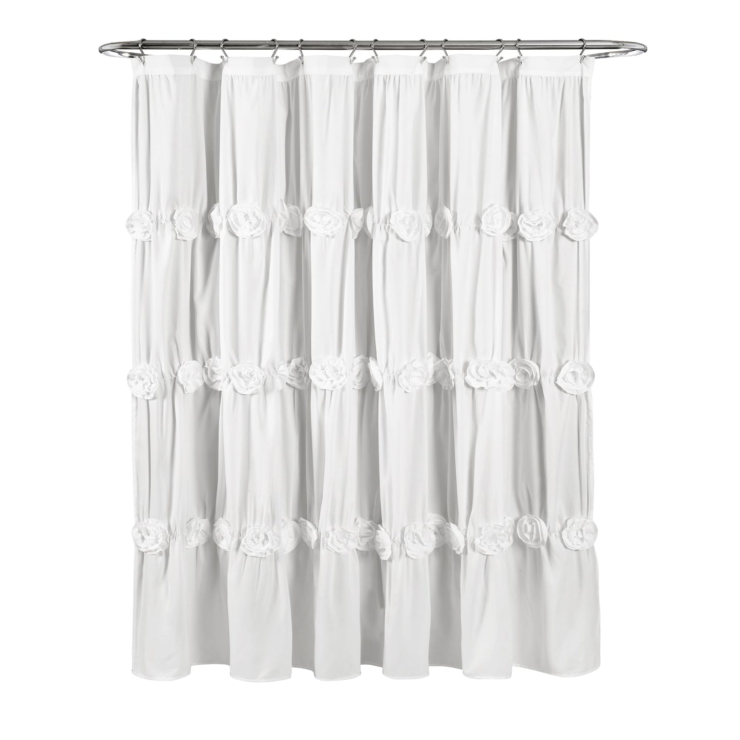 Lush Decor Darla Ruched Floral Bathroom Shower Curtain, 72” x 72”, White