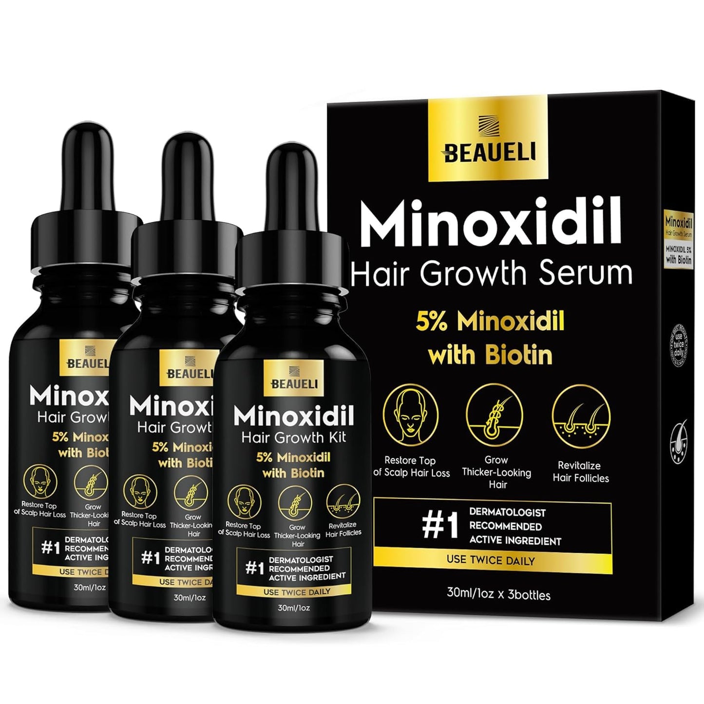 Beaueli 5% Minoxidil for Men and Women, Hair Growth, Beard Growth, Hair Regrowth, Unscented Drop, 3 Fl Oz, 3 Bottles Beauty and Personal Care beaueli