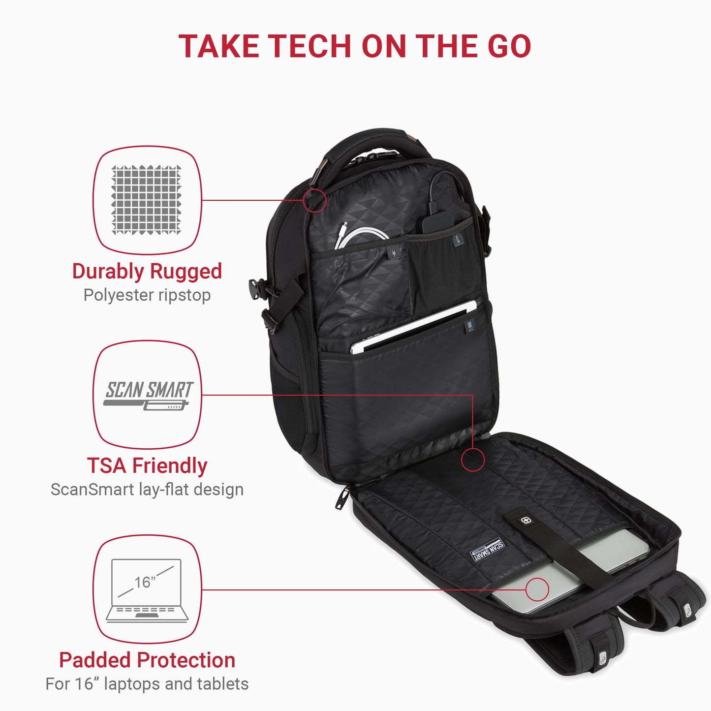 SwissGear Travel Tech Elite Laptop Backpack - Fits Laptops up to 16” - ScanSmart TSA-Friendly Backpack with USB Port, Shoe Compartment & Organizer Pockets - Black