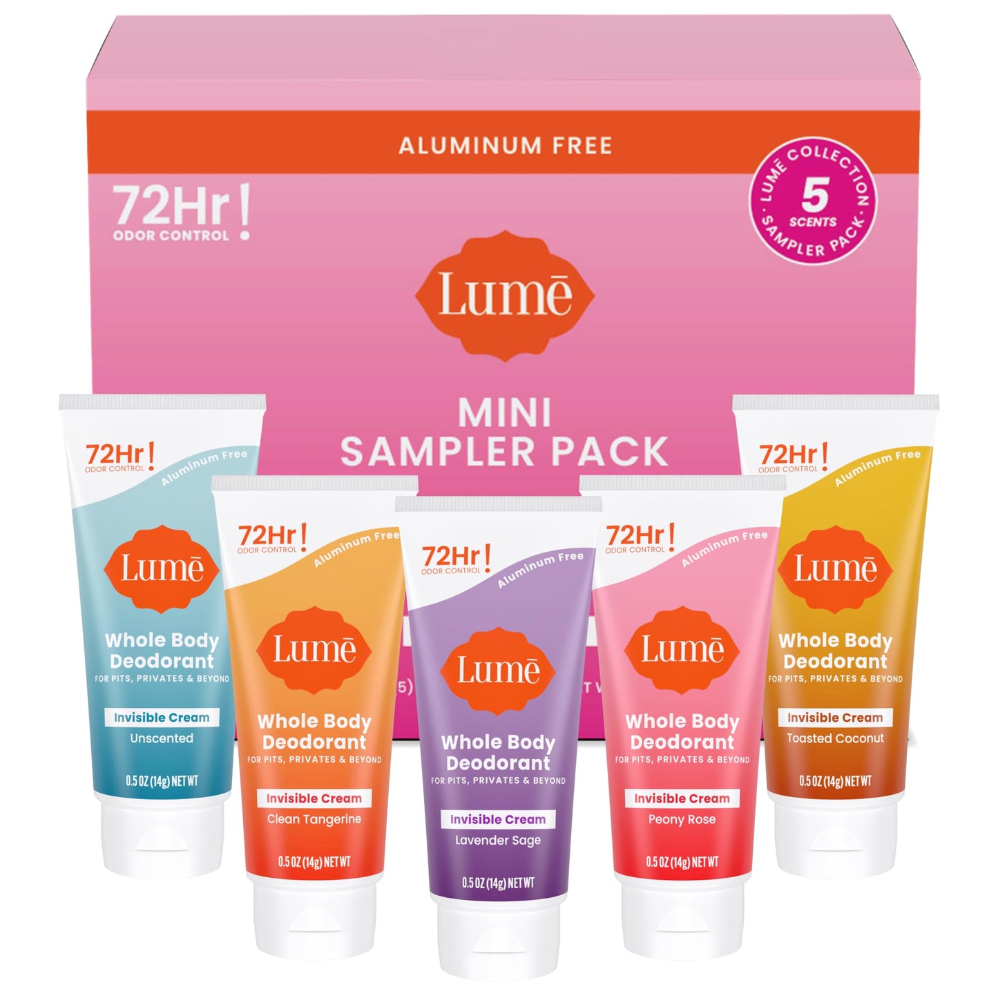 Lume Whole Body Deodorant 5 Pack Sampler - Invisible Cream Minis - 72 Hour Odor Control - Aluminum & Baking Soda Free