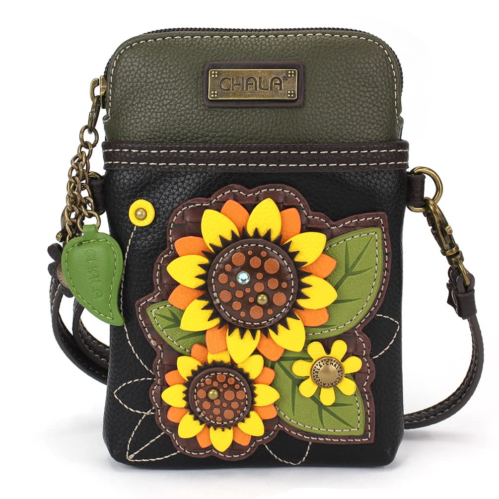 CHALA Plant Life Collection Cell Phone Crossbody Purse-Women PU Leather/Canvas Multicolor Handbag with Adjustable Strap - Sunflower Group - black
