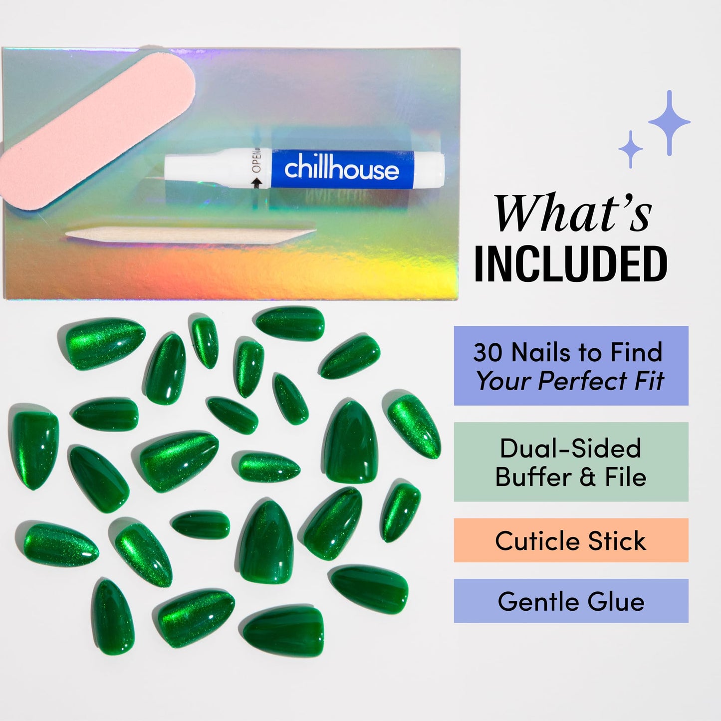 Chillhouse - Chill Tips, Press on Nails Kit - Emerald Tower (Almond) - 30 Nail Shapes & Sizes - Up to 2 Weeks of Wear - Customizable Fit - Reusable Beauty & Personal Care Chillhouse