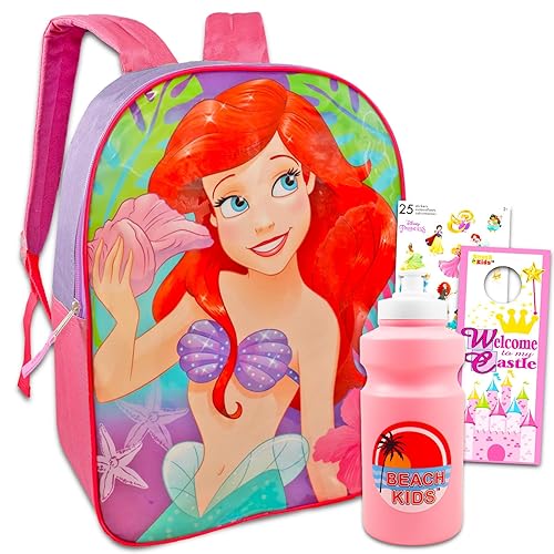 The Little Mermaid Backpack for Kids Set - Bundle with 15" Ariel Backpack, Stickers, Water Pouch, More | Disney The Little Mermaid Backpack for Girls