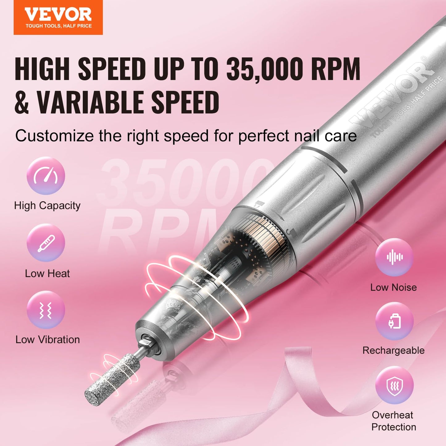 VEVOR Portable Electric Rechargeable Nail Drill, 35,000RPM Cordless Nail E File Machine, LCD-Display Acrylic Gel Grinder Tool for Manicure Pedicure Beauty & Personal Care VEVOR