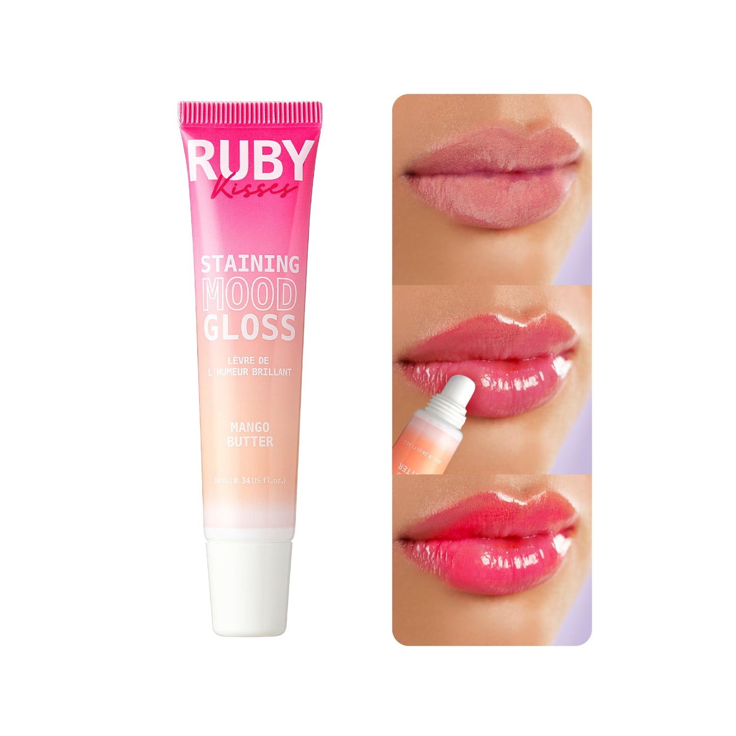 Ruby Kisses pH Lip Gloss, Pink Tinted Lip Balm Stain, Mood Color Changing Lipstick with Mango Butter for Long-Lasting Hydration