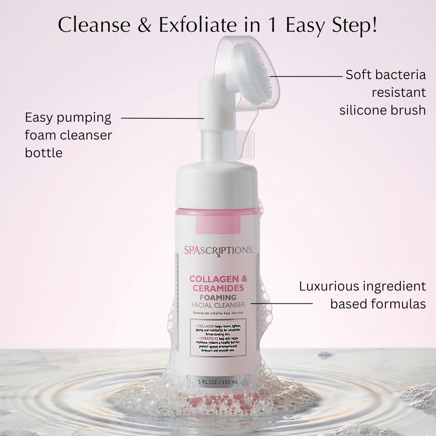 SpaScriptions 2 in 1 Cleanse & Exfoliate Foaming Facial Cleanser - Collagen & Ceramides Face Wash with Silicone Brush for Dry Skin with Barrier