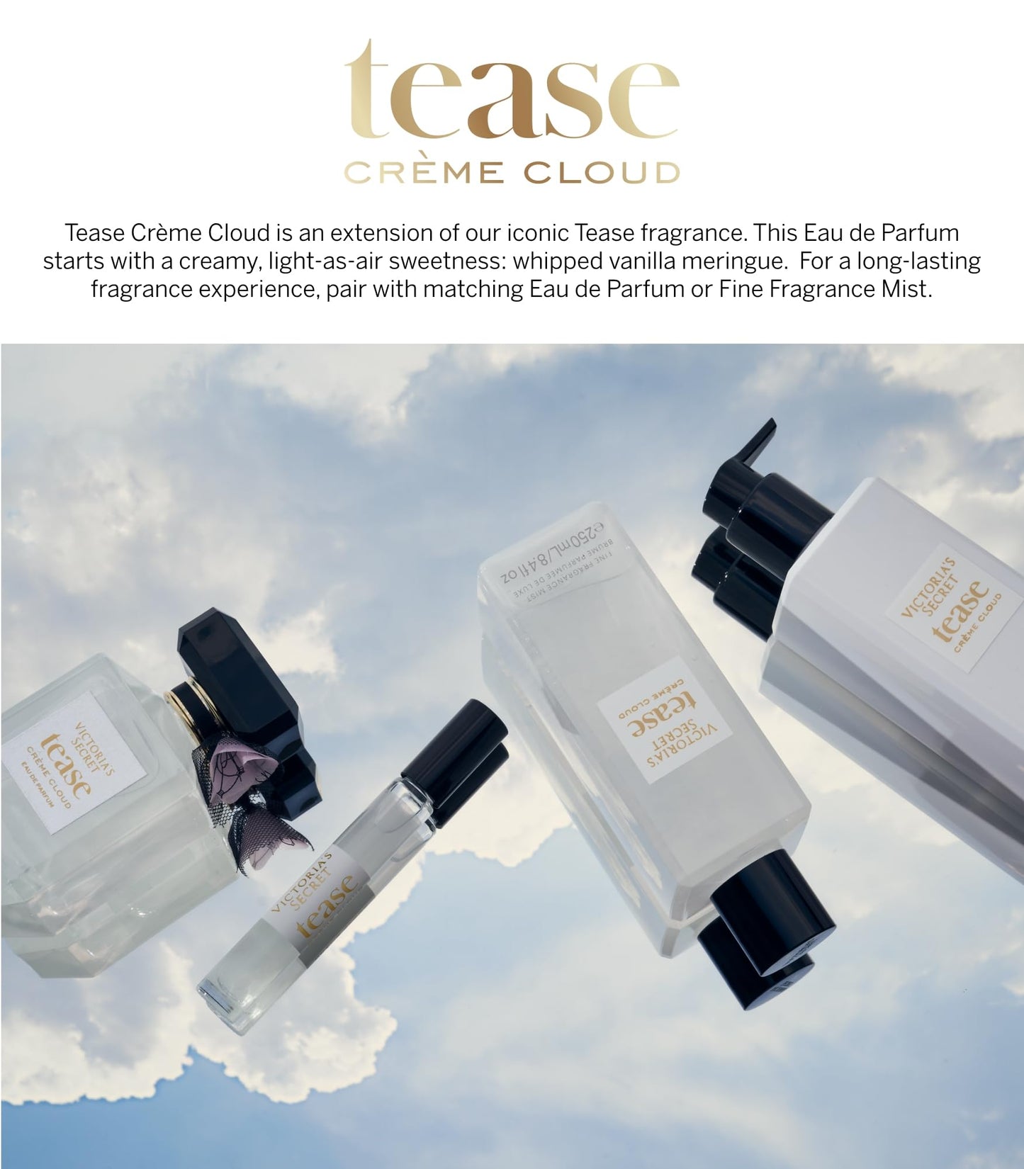Victoria's Secret Tease Crème Cloud Fragrance Lotion, Notes of Vanilla Meringue, Santal Flower & Sheer Amber, (8.4 oz)
