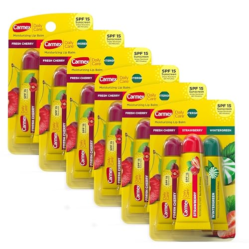 Carmex Daily Care Moisturizing Lip Balm Tubes with SPF, Fresh Cherry, Strawberry and Wintergreen Lip Balm Pack, 0.35 OZ - (6 Packs of 3)