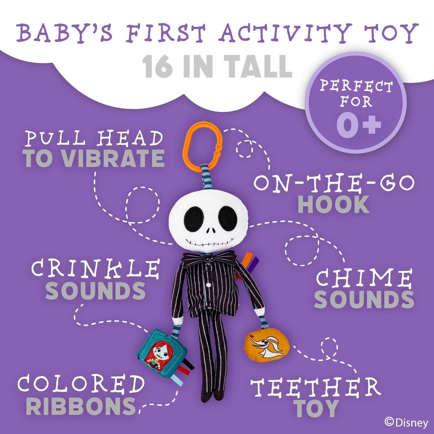KIDS PREFERRED Disney Baby Nightmare Before Christmas Jack Skellington On The Go Activity Toy with Crinkle, On The Go Clip, Bell Chime and Ziggle