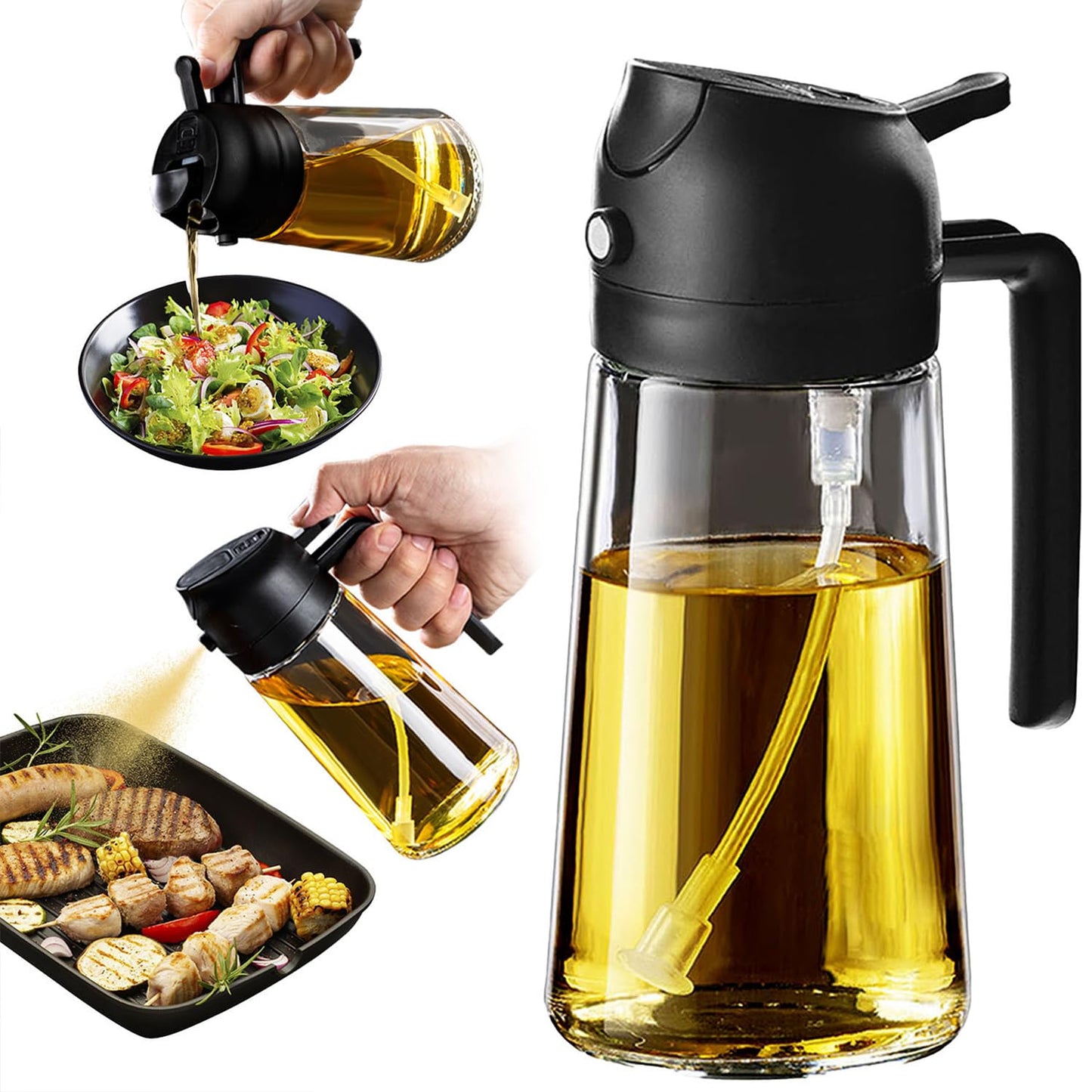 TrendPlain 16oz Glass Olive Oil Sprayer – 2-in-1 Dispenser Bottle for Cooking, Air Fryer, Salad, BBQ – Black