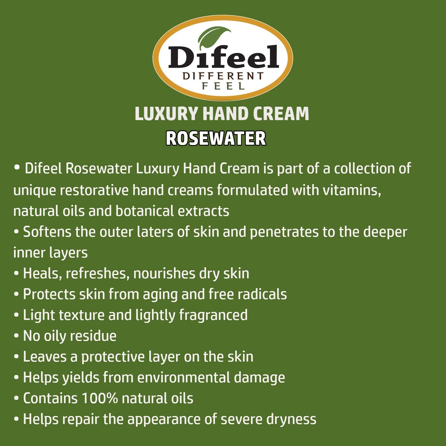 Difeel Invigorating Hand Cream- Rosewater with Pure Natural Oil and Vitamin E 1.4 ounce