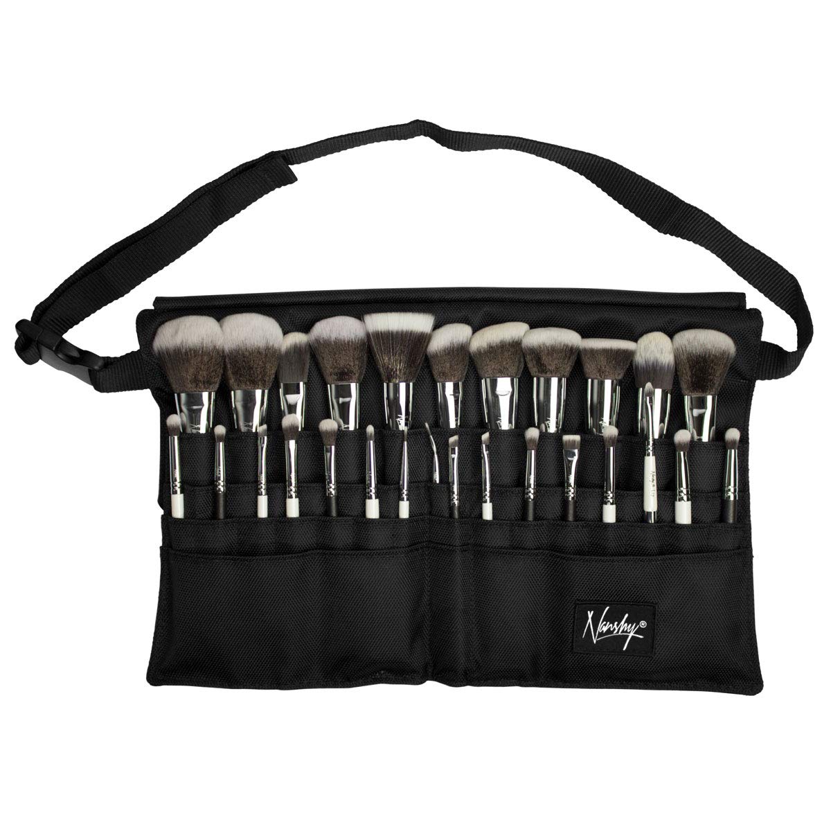 Nanshy Makeup Brush Belt with 28 Pockets & Adjustable Waist Strap for Makeup Artist or Beauty Salon - Professional Brush Belt MUA Kit - (Black, 15" x