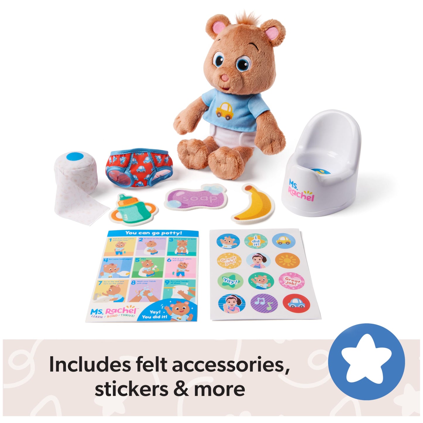 Ms. Rachel Potty Time with Bean, 11” Plush Teddy Bear with Play Toilet & Accessories, Toddler Toys for Girls & Boys for Ages 18 Months to 3+