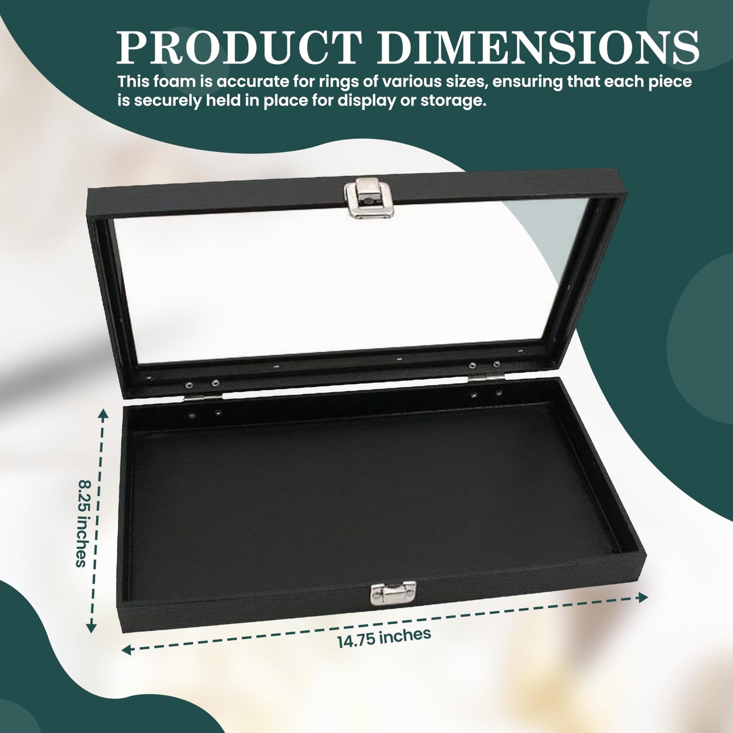 Novel Box Ring Display Glass Case Black 14.75x8.25x2.1 Inches with 72-Slot Black Ring Foam Insert - Travel Ring Case with Metal Clasp - Jewelry Box…