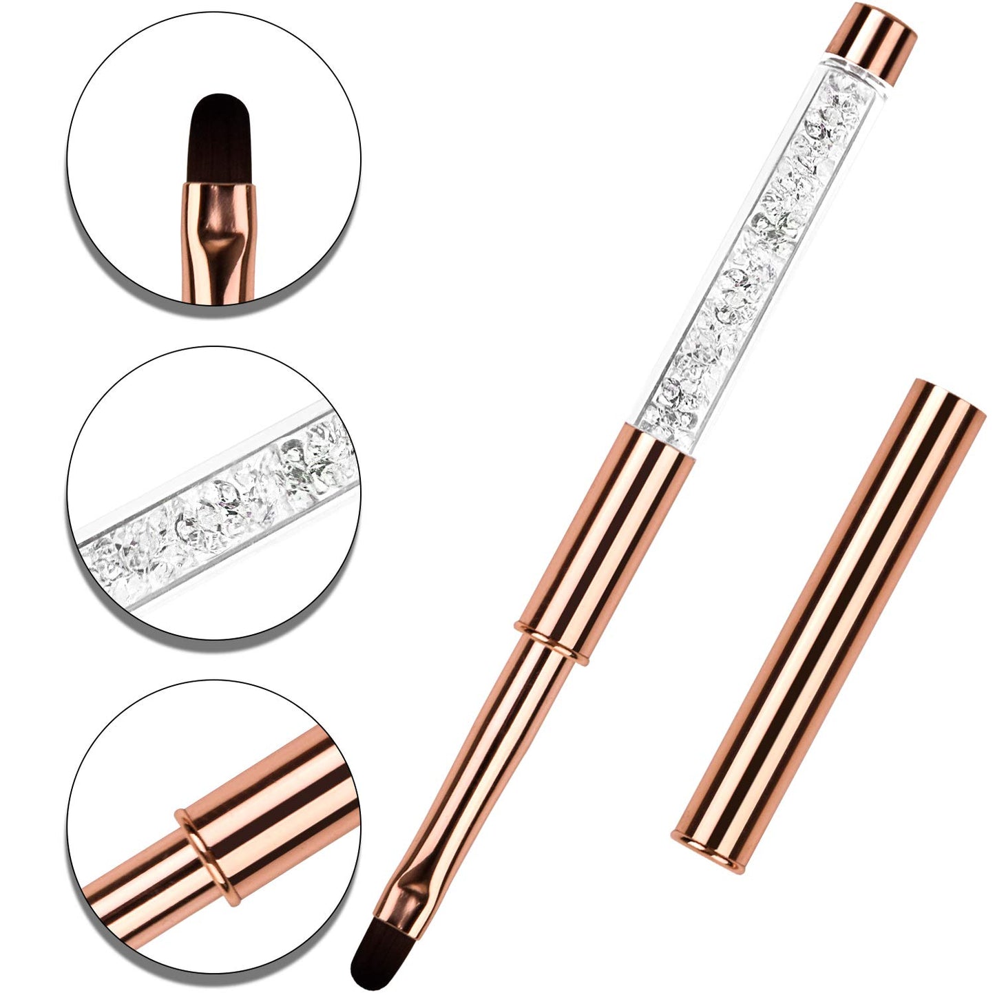 YCYAN 1Pcs Oval UV Gel Nail Brush Rhinestone Handle Professional Nail Art Tools Size 8 Rose Gold