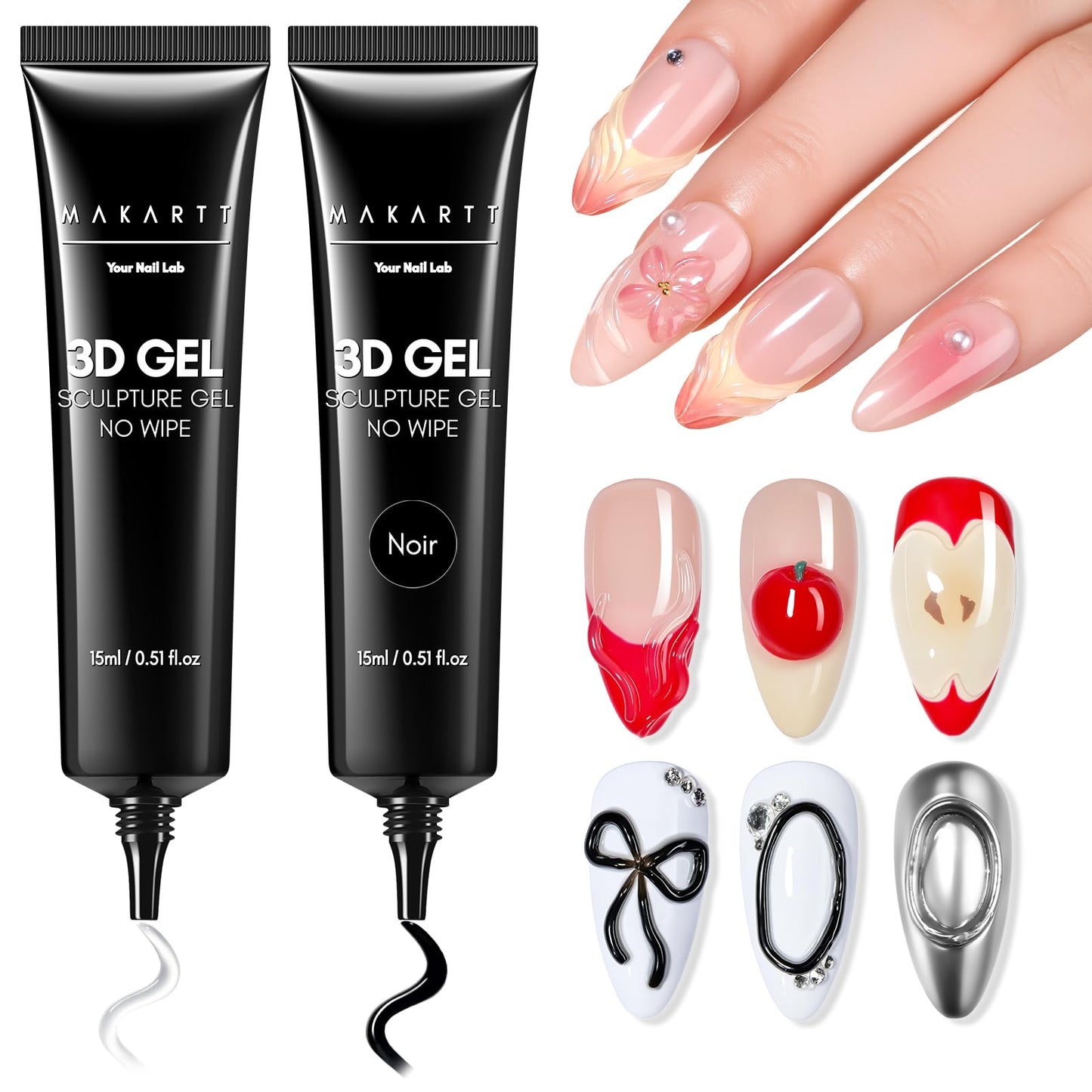 Makartt 3D Gel Nail Art Set - Clear & Noir Sculpting Gel for DIY Embossed Nail Designs - No Wipe Easy-Squeeze Tube Nail Glue for 3D Drawing, Molding Beauty and Personal Care Makartt
