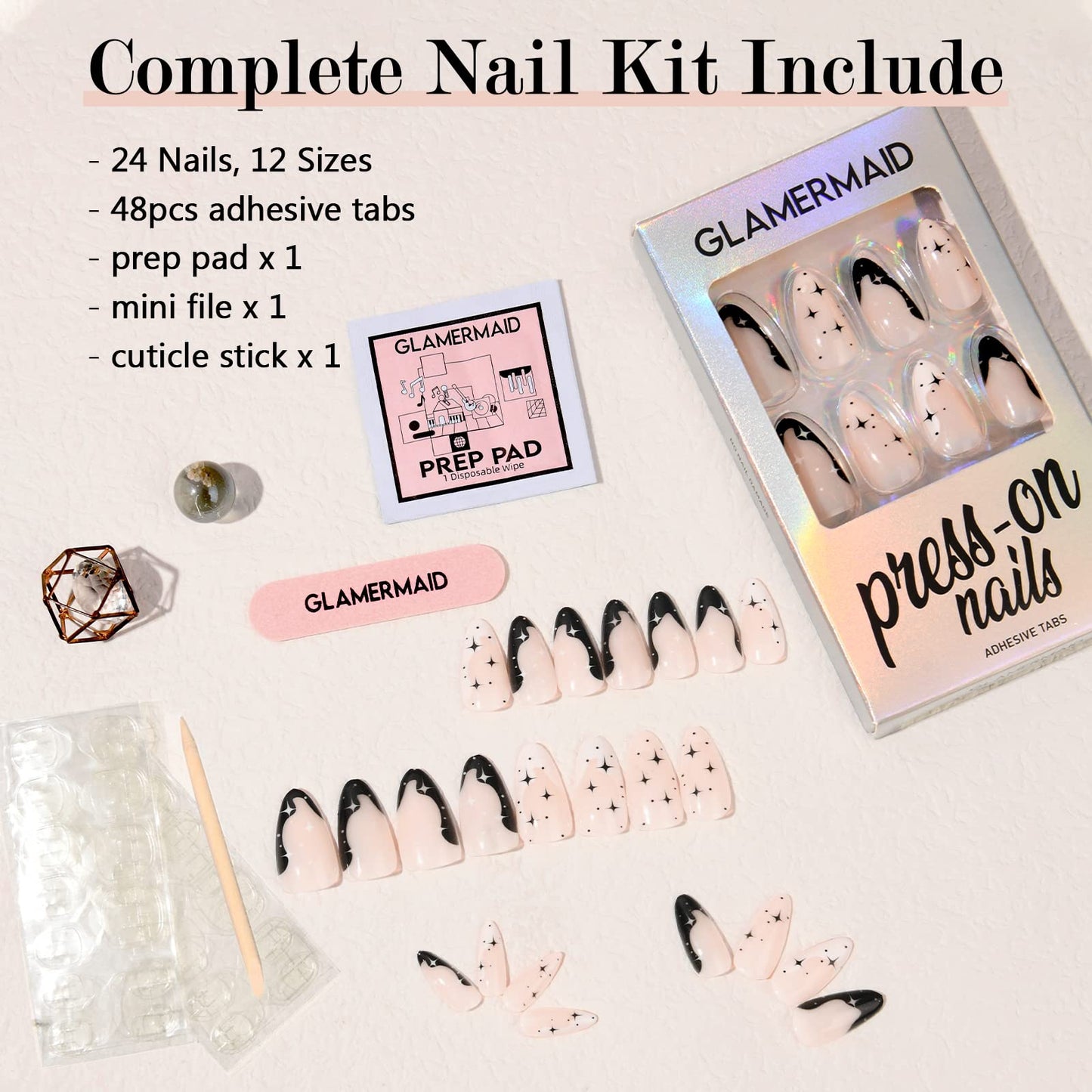 GLAMERMAID Black Press on Nails Medium Almond, Emo Crush Jelly Gel Gothic Stiletto False Glue on Nails Kit with Moon Star Desgin for Women, Reusable