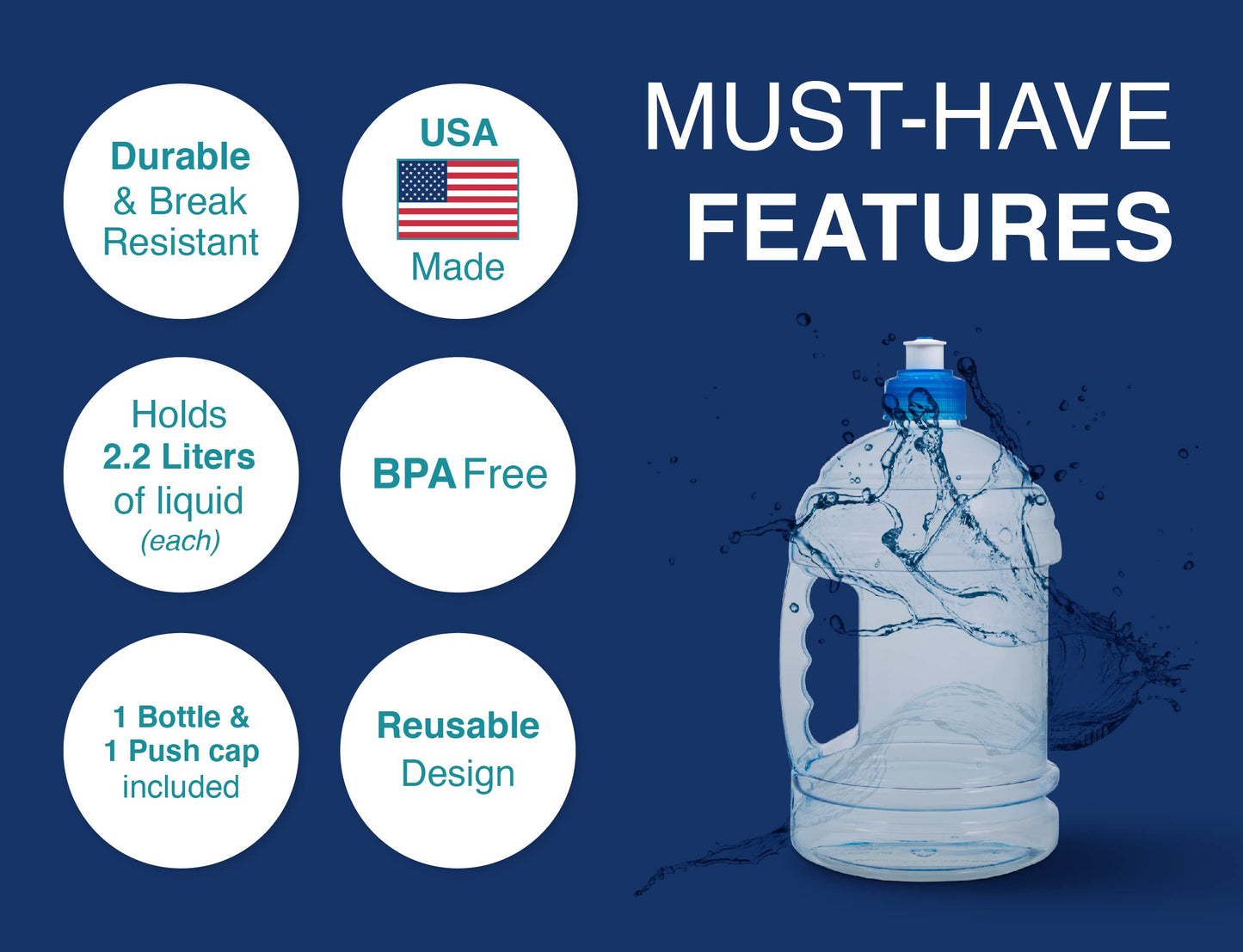 Arrow H2O On The Go Water Bottle, 2.2 Liter - Large Clear Plastic Water Bottle with Push Cap - Made in the USA, BPA Free - Built-In Convenient