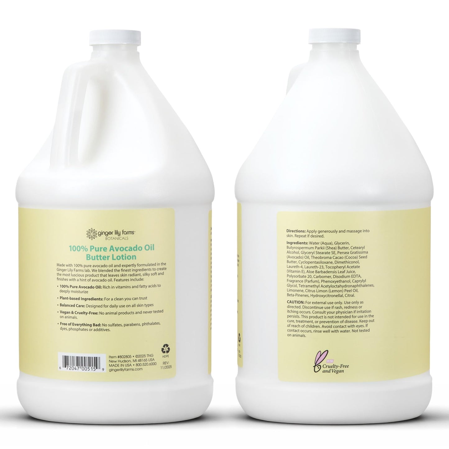 Ginger Lily Farms Botanicals 100% Pure Avocado Oil Butter Lotion for Dry Skin, 100% Vegan & Cruelty-Free, 1 Gallon (128 Fl Oz) Refill