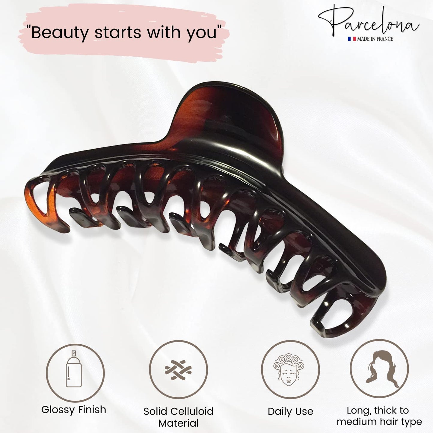 Parcelona French Curvy Large 5 Inch Long Celluloid Tortoise Shell Hair Claw Clamp for Thick or Long Hair
