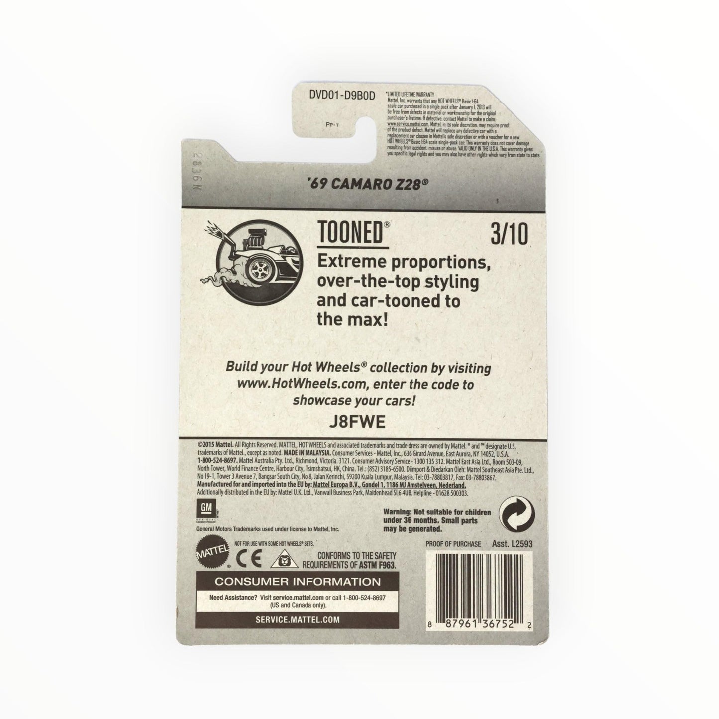 Hot Wheels 2017 Tooned '69 Camaro Z28 Treasure Hunt, Yellow