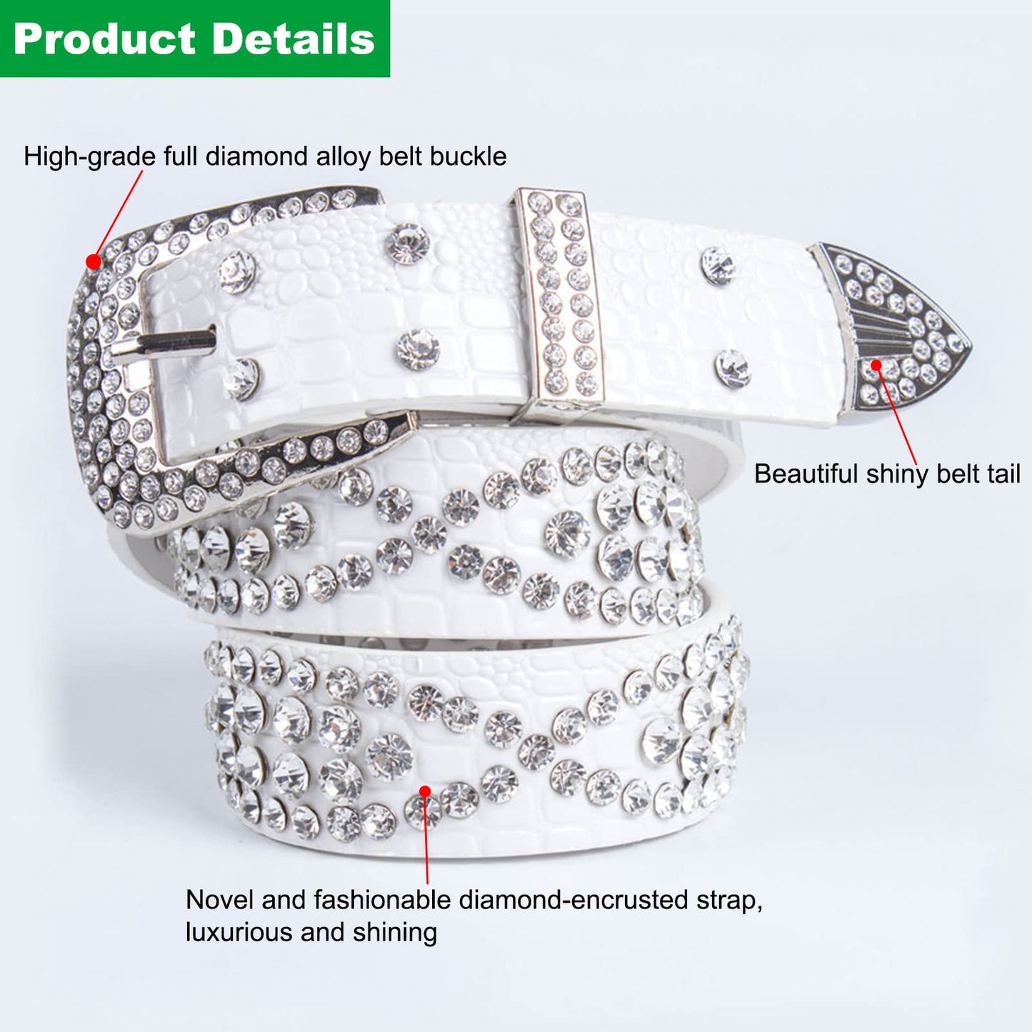 AVZXXKUF Rhinestone Studded Western Leather Belt Rhinestone Belt for Women Men Vintage Cowgirl Bling Design Waist Belts for Pants Jeans Dresses(White)