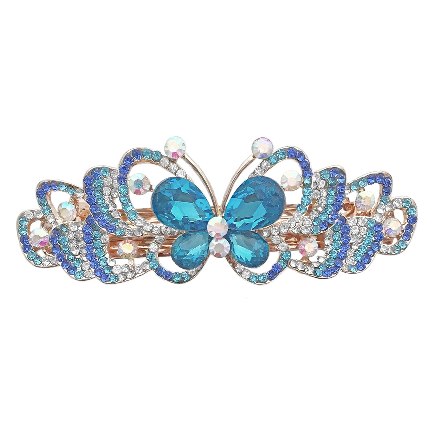 Rhinestone Crystal Barrettes - Set of 2 - Jeweled Butterfly Hair Clips - 1 with Blue Crystals and 1 with Mulit-Colored Crystals - Rose Gold Tone Metal