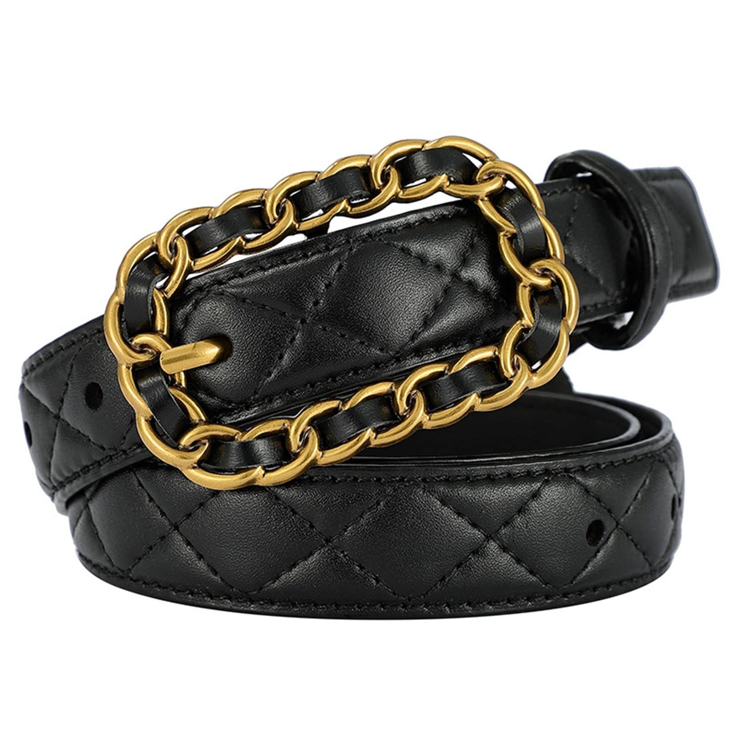 Karoukee Women Fashion Quilted Belt for Dresses Jeans Pants Designer Genuine Leather Ladies Belts with Braided Chain Buckle (Suitable for waist size…