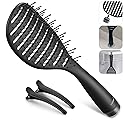 Curved Vented Hairbrush Faster Blow Drying - Detangling Brush with Built in Cleaner, Magnetic Holder and Hair Clips for Women, Men & Kids - Black