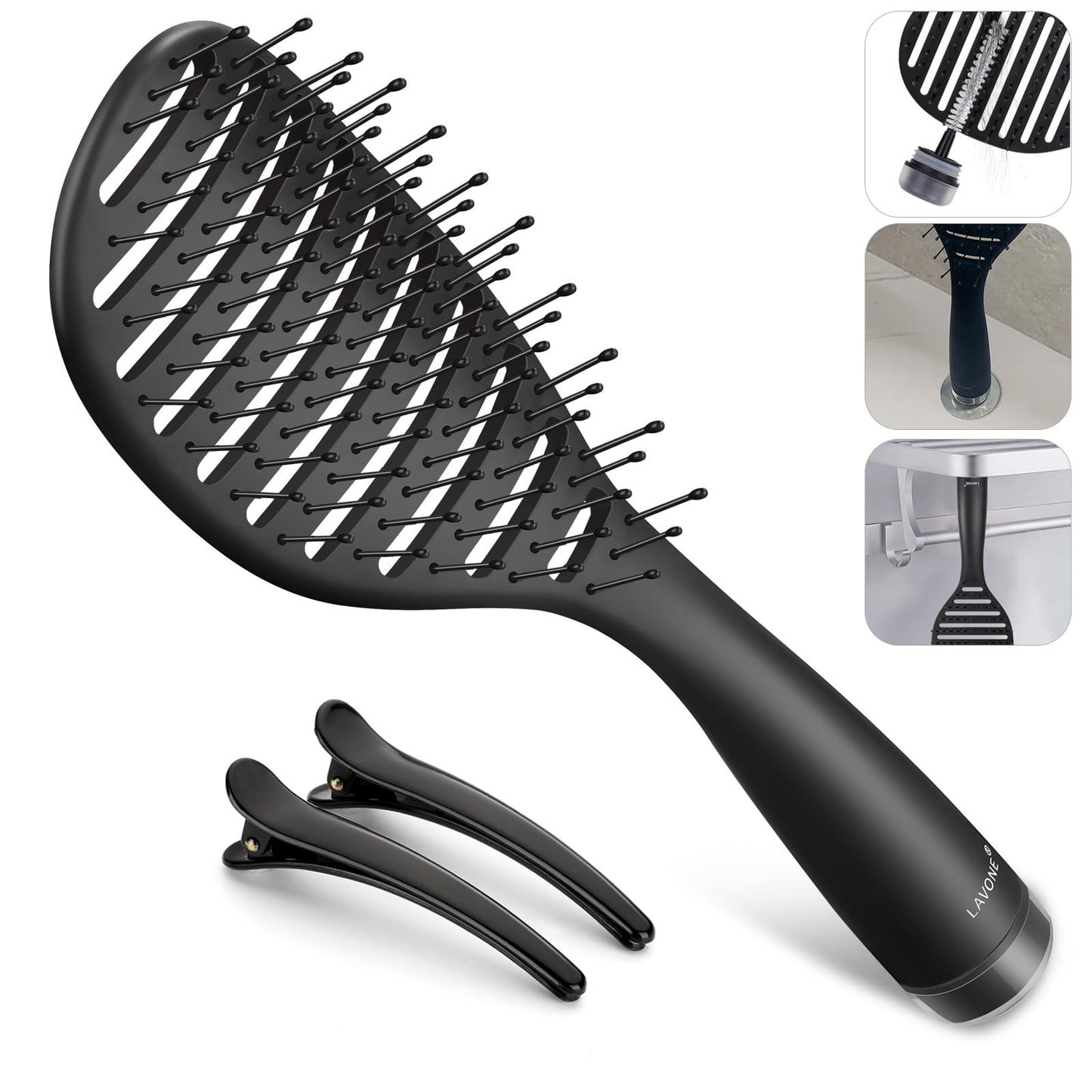 Curved Vented Hairbrush Faster Blow Drying - Detangling Brush with Built in Cleaner, Magnetic Holder and Hair Clips for Women, Men & Kids - Black