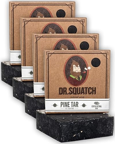 Dr. Squatch Pine Tar Soap 4-Pack Bundle - Bar Soap for Men with Natural Woodsy Scent and Skin Exfoliating Scrub - Handmade with Pine, Coconut, Olive