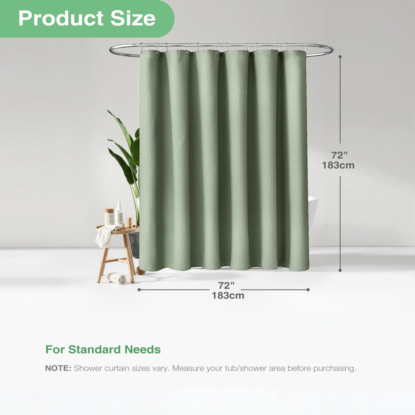 Dynamene Sage Green Waffle Shower Curtain – 72x72in Thick 256GSM Fabric, Luxury Weighted Bath Curtain with 12 Hooks
