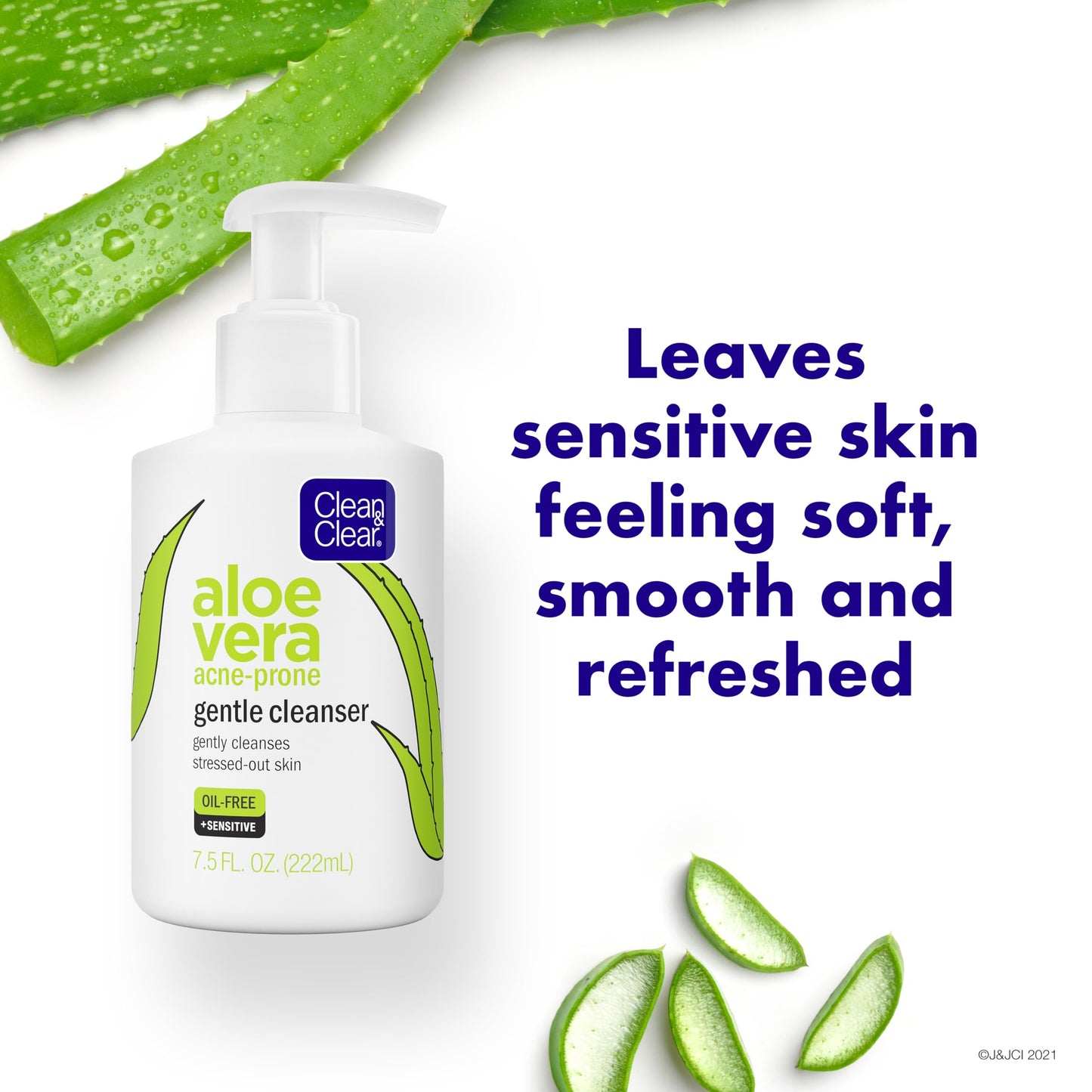 Clean & Clear Aloe Vera Gentle Facial Cleanser for Acne-Prone & Sensitive Skin, Oil-Free Daily Face Wash with Aloe Vera, Vegan, No Animal Testing