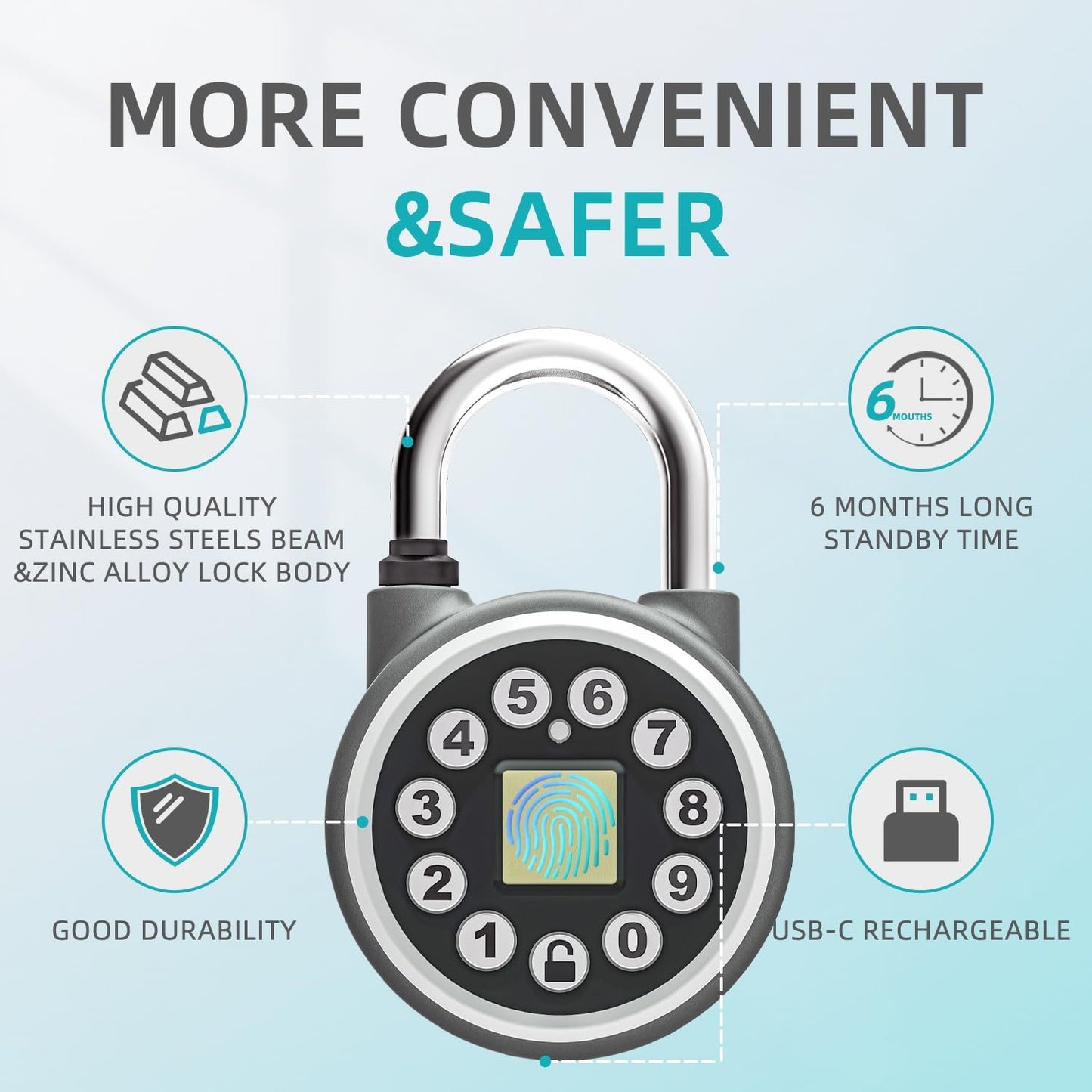 SFW Fingerprint & Bluetooth Smart Padlock – Water Resistant with Code & Mobile App, for Gyms, Bikes, Luggage, Lockers & Schools (Silver)