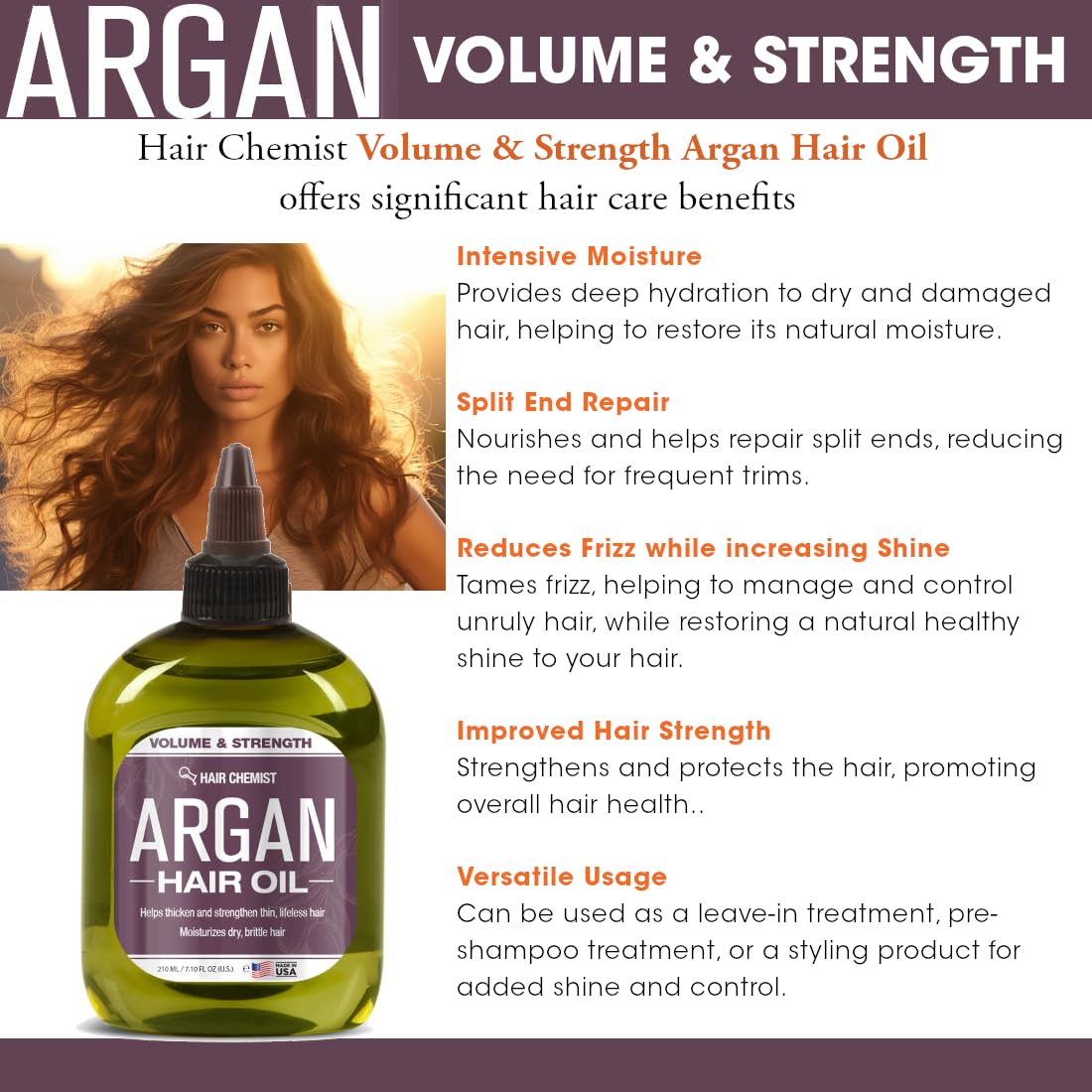 Hair Chemist 99% Natural Volume and Strength Hair Oil - Argan Oil 7.1 oz.