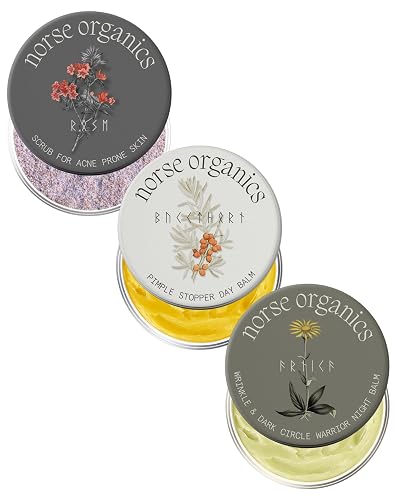 Norse Organics | Anti Age & Glow Ritual | 3 Step System Wrinkle Warrior Day Balm Face Scrub | Wild Arnica Pomegranate Arctic Herbs | Natural Skincare