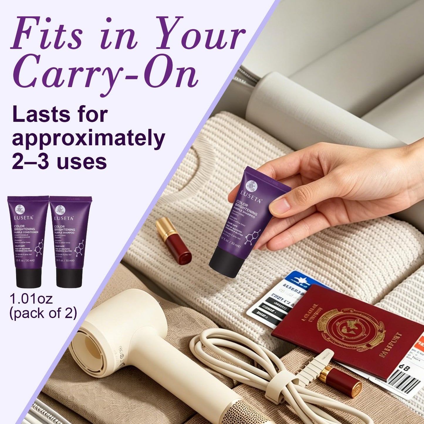 Luseta Color Brightening Purple Travel Shampoo and Conditioner Mini Kit for Blonde, Silver and Gray Hair - Brassiness Neutralizer for Highlighted