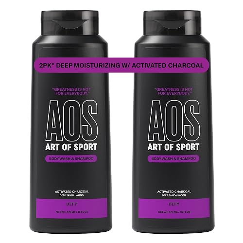 Art of Sport Men’s 2-in-1 Body Wash and Shampoo with Charcoal Activated, Sandalwood Fragrance, Made for Athletes, Defy Scent, 16 fl oz (Pack of 2)