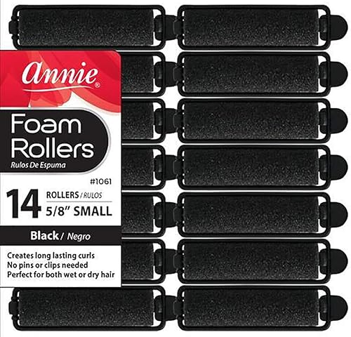 Annie- Salon Style Small Foam Hair Rollers - (5/8") Black - (14) Piece Set - Soft Heat-less Hair Curling Tools