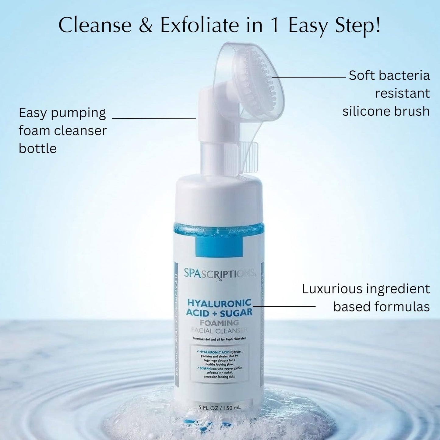 SpaScriptions 2 in 1 Cleanse & Exfoliate Foaming Facial Cleanser - Hydrating Hyaluronic Acid Face Wash with Sugar for Dry Skin with Soft Silicone
