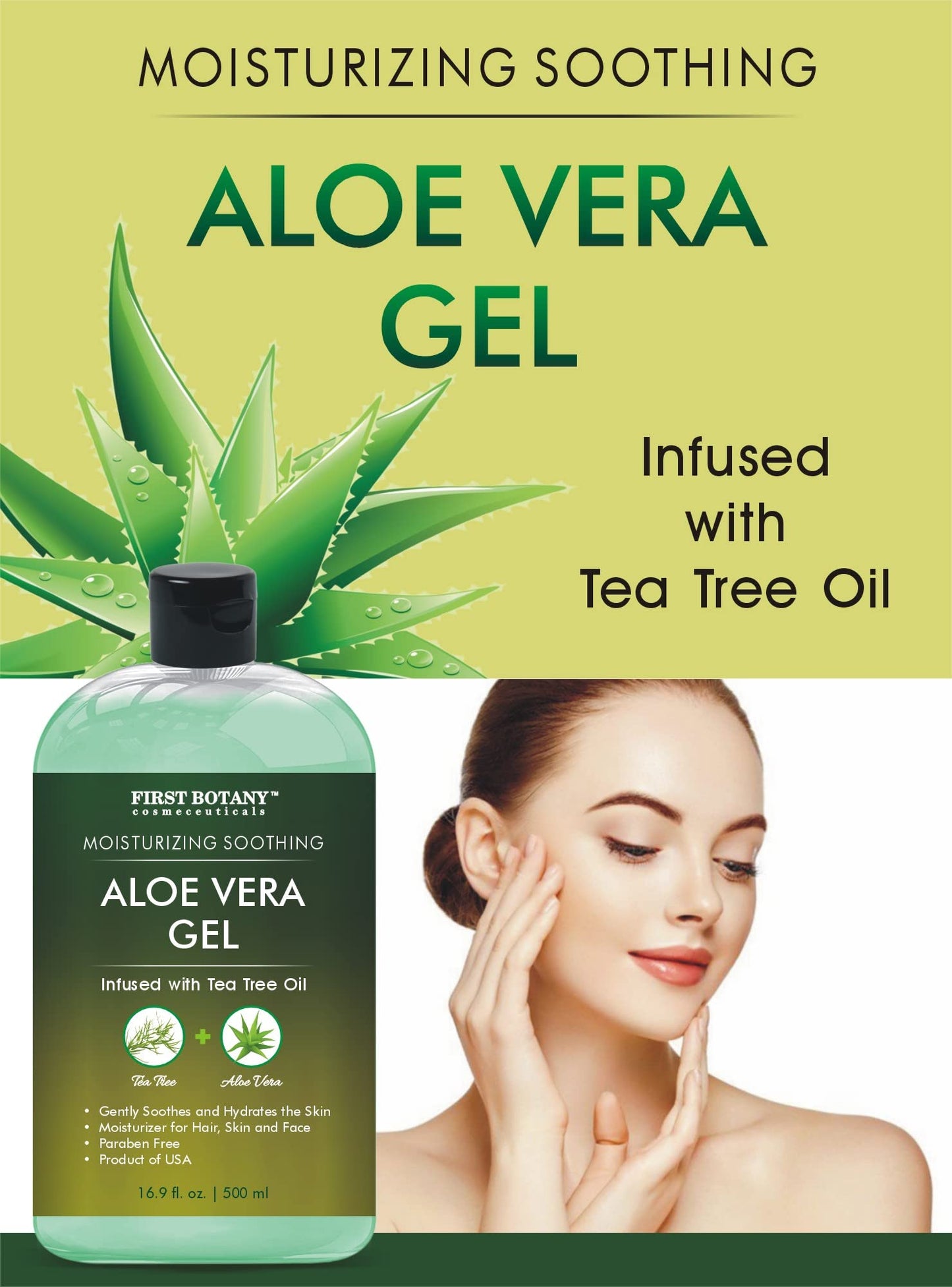 First Botany, Aloe Vera Gel from 100 Percent Pure Aloe Infused with Tea Tree Oil - Natural Raw Moisturizer for Hand Sanitizing Gel, Skin Care, Hair