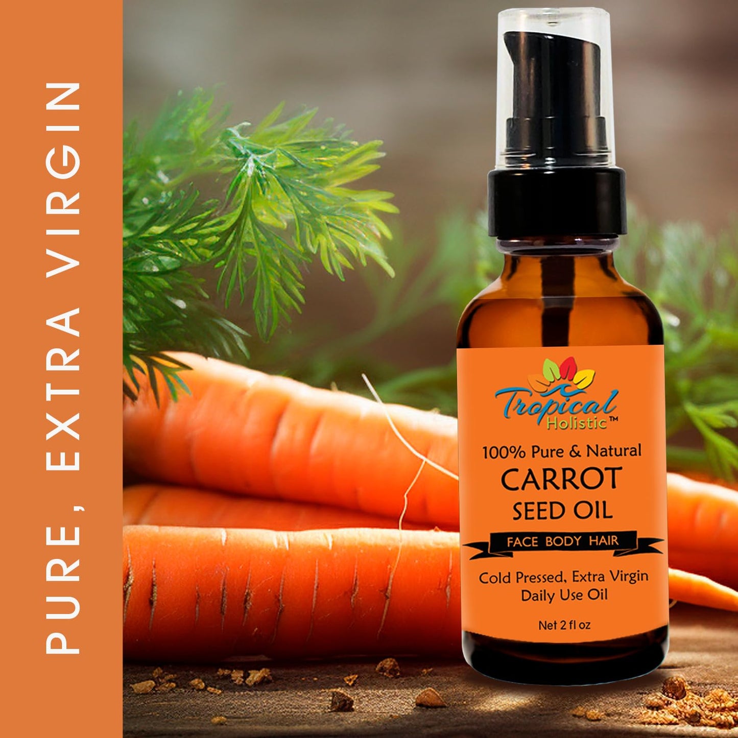 Tropical Holistic 100% Pure Natural Carrot Seed Oil 2oz, Natural, Cold Pressed, Unrefined Carrot Oil for Youthful, Radiant Skin, Face, Hair, Anti