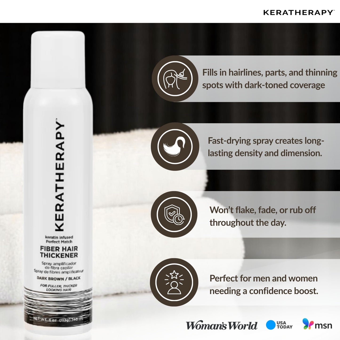 Keratherapy Keratin Infused Perfect Match Fiber Hair Thickener Spray, Dark Brown to Black, 4 fl. oz., 140 ml - Volumizing, Thickening, & Concealing