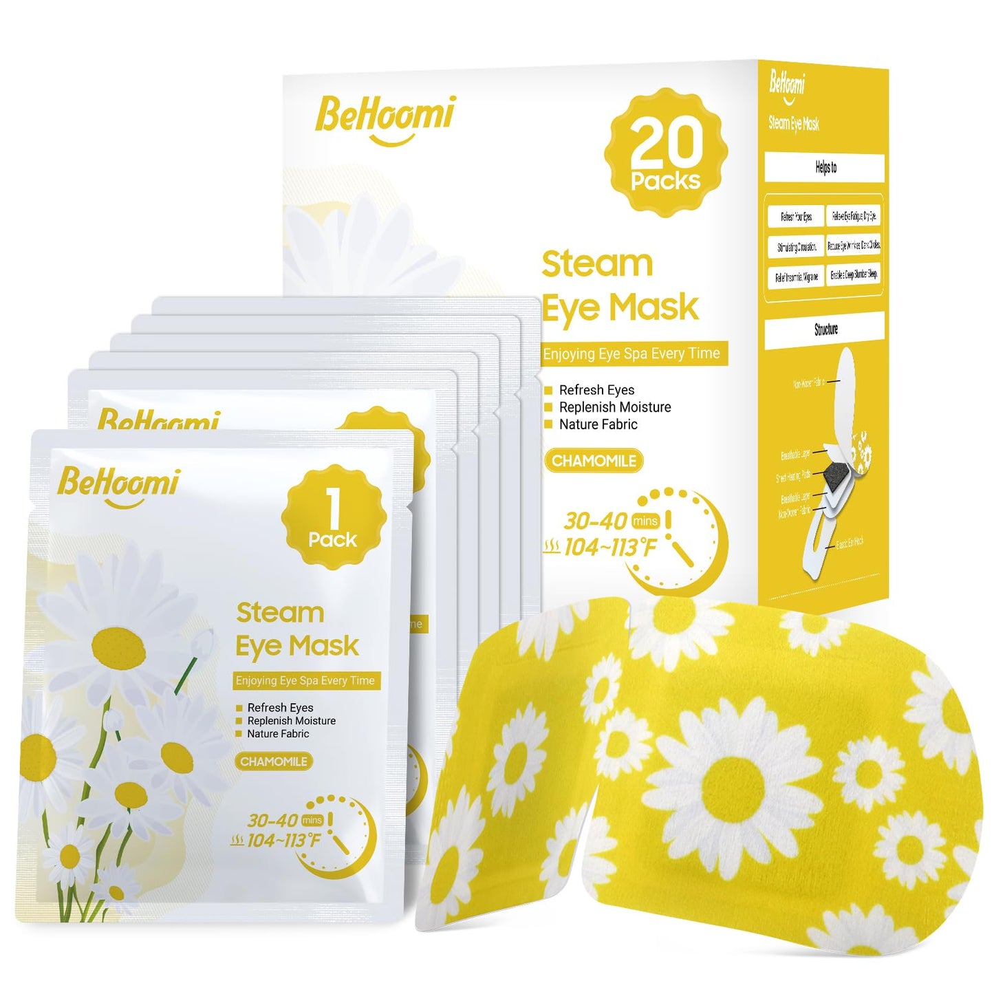 BeHoomi 20 Packs Steam Eye Mask, Heated Eye Mask Warm Compress for Eyes, Disposable Self Heating Steam Mask for Home, Sleep, Spa, Travel Essentials Beauty and Personal Care BeHoomi Default Title