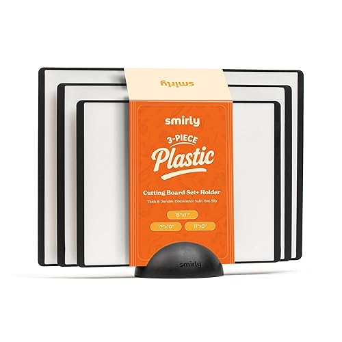 SMIRLY Plastic Cutting Board Set with Holder 3 Pieces, Non-Slip Dishwasher Safe Chopping Boards for Kitchen, Black & White
