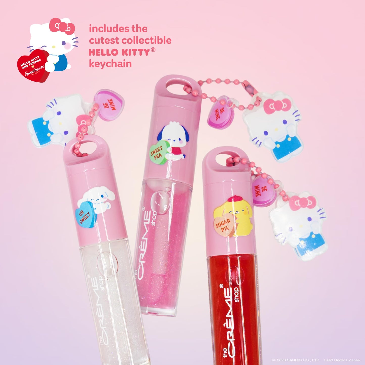The Crème Shop x Hello Kitty & Friends x Sweethearts Tinted Lip Oil with Jojoba Oil for Lasting Hydration, Lip Oil on Keychain with Hello Kitty Charm