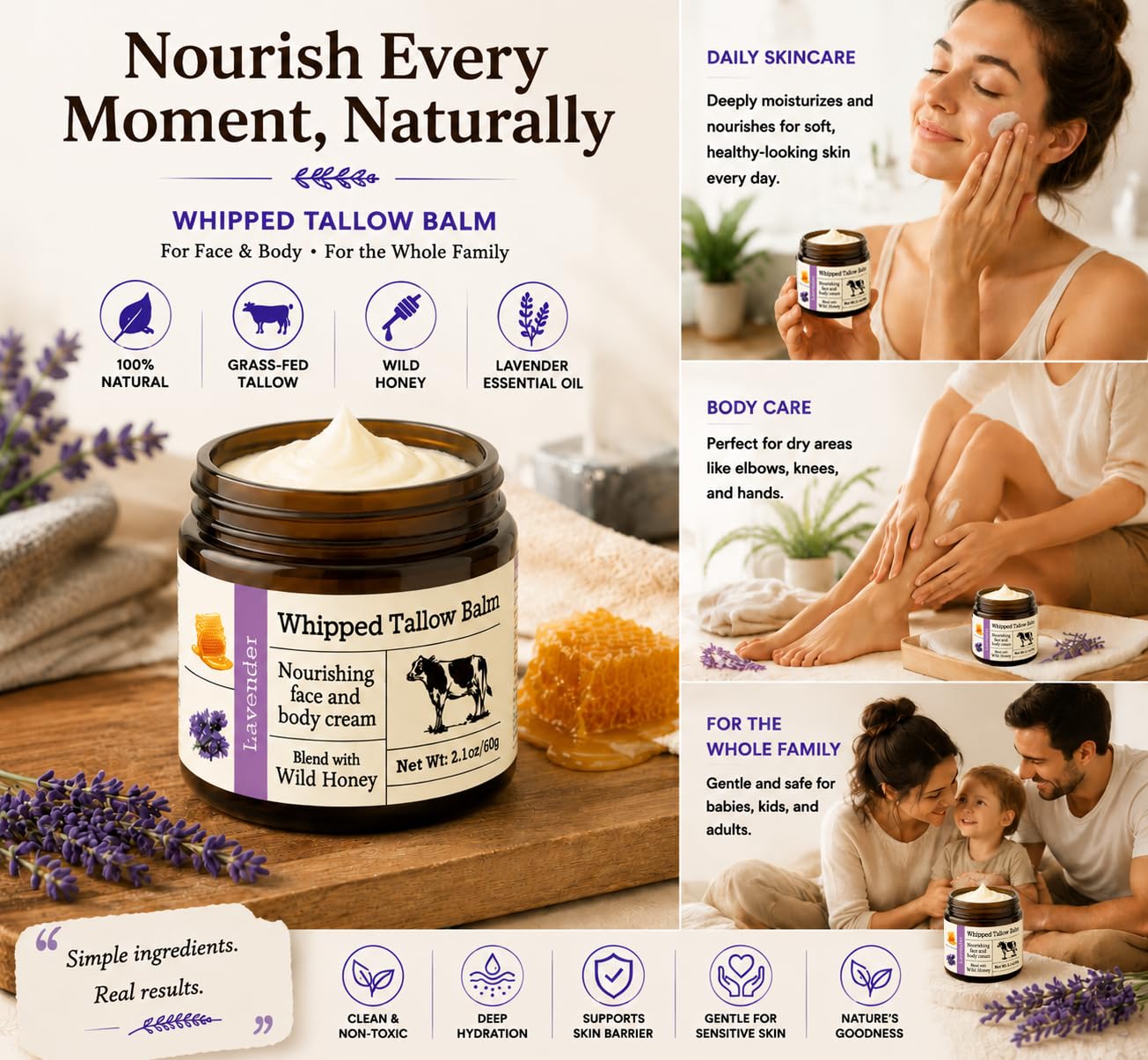 URQT Whipped Tallow Balm - Organic Grass-Fed Beef Tallow for Skin with Honey & Lavender - Deeply Moisturizing Natural Skin Care for Face & Body - Soft Beauty and Personal Care URQT