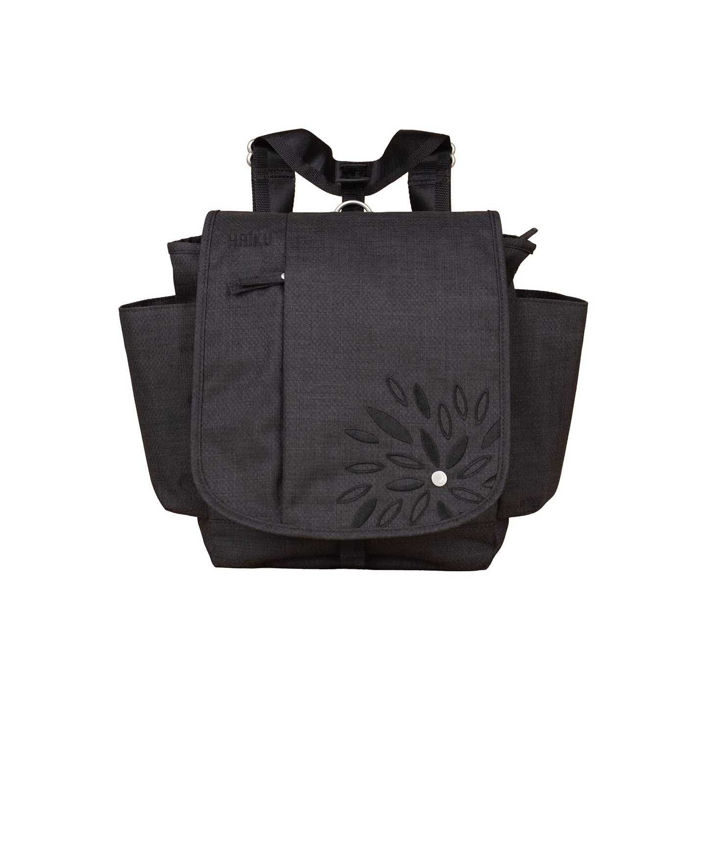 HAIKU To Go Convertible 2.0 Crossbody and Backpack Messenger-Style Travel Bag with Adjustable Shoulder Straps, Dual Pockets, Black in Bloom