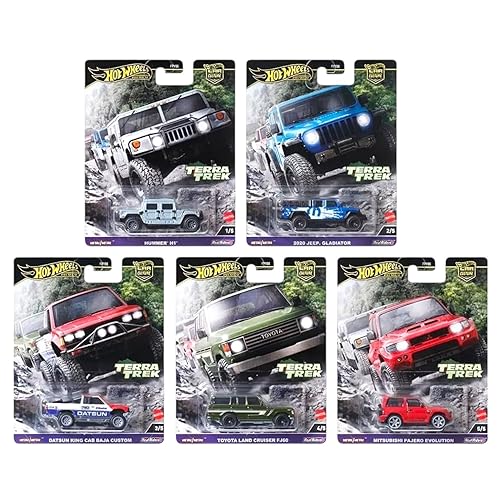 Hot Wheels Terra Trek Off-Road Collection, 5 Die-Cast Cars Set, Hummer H1, Jeep Gladiator, Datsun King Cab, Toyota Land Cruiser, Mitsubishi Pajero…